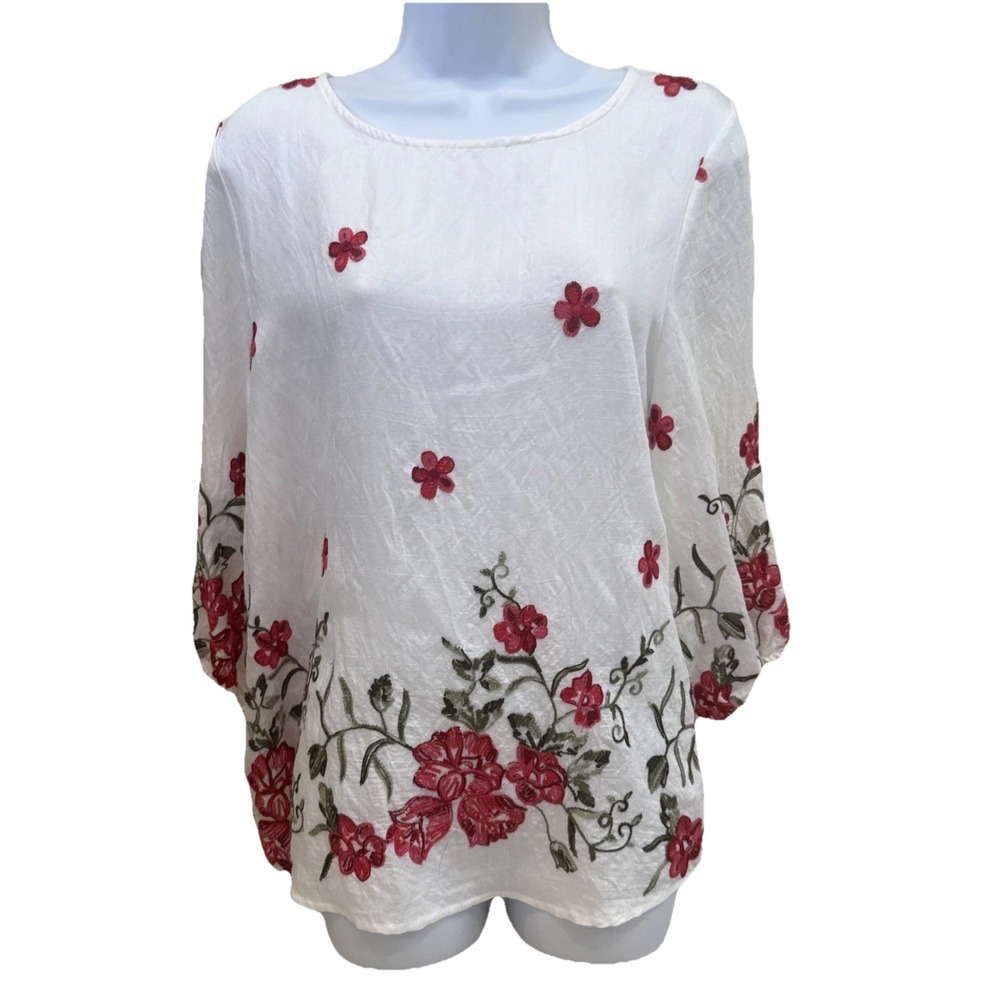 Nwot Kindred Petite Top Embroidered‎ Floral/White Blouse Size PL Boho Hippie